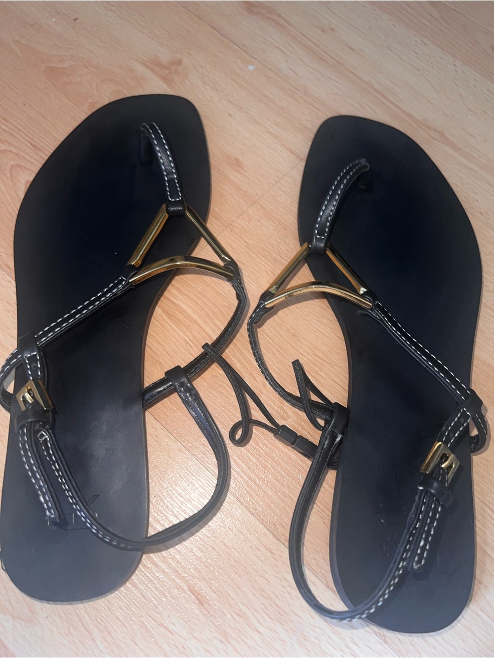 New Parfois black Leather-Look Strappy Sandals with Gold Accent-Sz 37 (6.5)